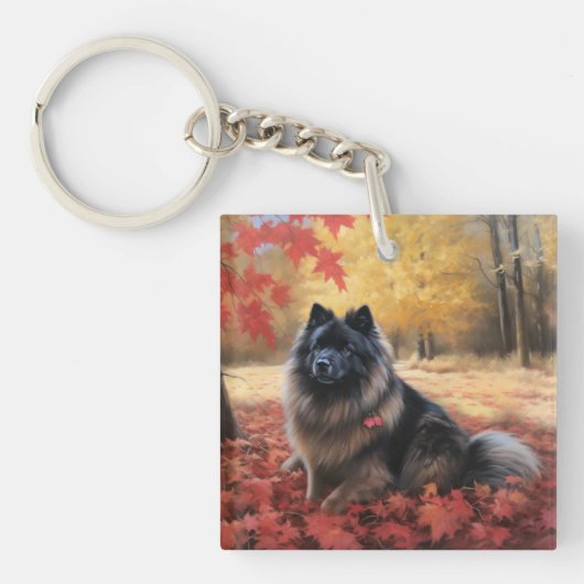 Keeshond im Herbst Leaves Fall Inspiriert Schlüsselanhänger (Vorderseite)