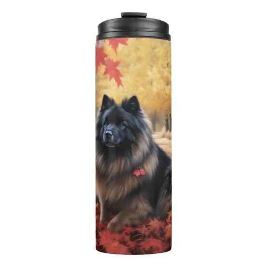Keeshond im Herbst Leaves Fall Inspiriert Thermosbecher (Vorderseite)