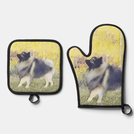 Keeshond in Aspen Malerei Niedliche Original Hunde Ofenhandschuh & Topflappen-Set (Vorderseite)