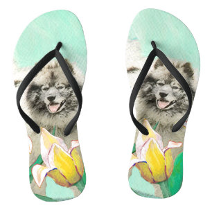 Keeshond in Tulips Malerei Niedliche Original Hund Badesandalen