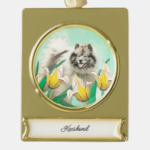 Keeshond in Tulips Malerei Niedliche Original Hund Banner-Ornament Gold