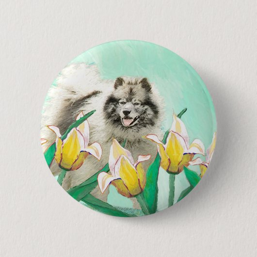 Keeshond in Tulips Malerei Niedliche Original Hund Button (Vorderseite)