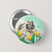 Keeshond in Tulips Malerei Niedliche Original Hund Button (Vorne & Hinten)