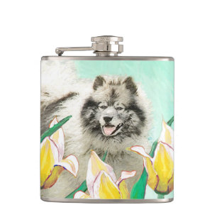 Keeshond in Tulips Malerei Niedliche Original Hund Flachmann