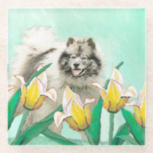 Keeshond in Tulips Malerei Niedliche Original Hund Glasuntersetzer