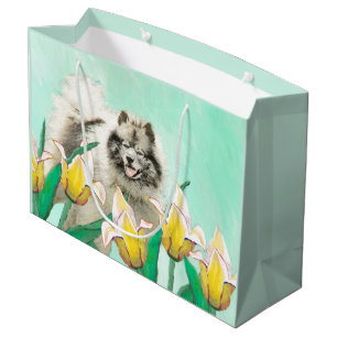 Keeshond in Tulips Malerei Niedliche Original Hund Große Geschenktüte