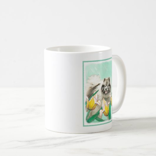 Keeshond in Tulips Malerei Niedliche Original Hund Kaffeetasse (VorderseiteRechts)