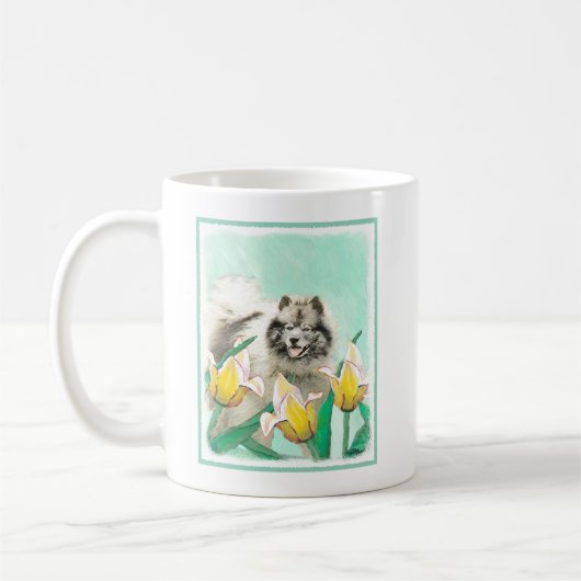 Keeshond in Tulips Malerei Niedliche Original Hund Kaffeetasse (Links)