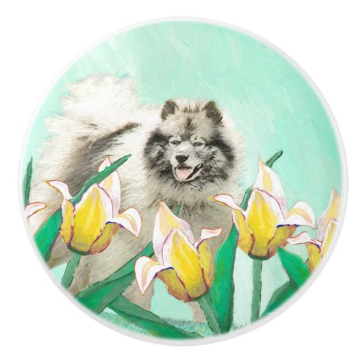 Keeshond in Tulips Malerei Niedliche Original Hund Keramikknauf (Vorderseite)