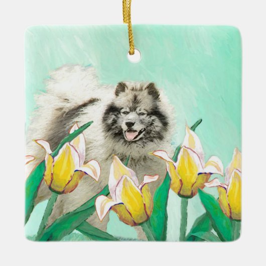 Keeshond in Tulips Malerei Niedliche Original Hund Keramikornament (Vorderseite)