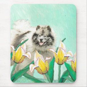 Keeshond in Tulips Malerei Niedliche Original Hund Mousepad