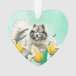 Keeshond in Tulips Malerei Niedliche Original Hund Ornament
