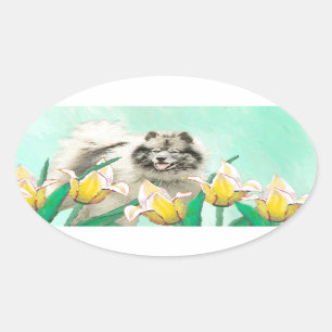 Keeshond in Tulips Malerei Niedliche Original Hund Ovaler Aufkleber