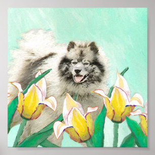 Keeshond in Tulips Malerei Niedliche Original Hund Poster
