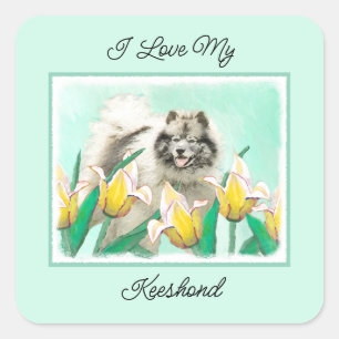 Keeshond in Tulips Malerei Niedliche Original Hund Quadratischer Aufkleber
