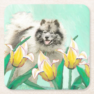 Keeshond in Tulips Malerei Niedliche Original Hund Rechteckiger Pappuntersetzer