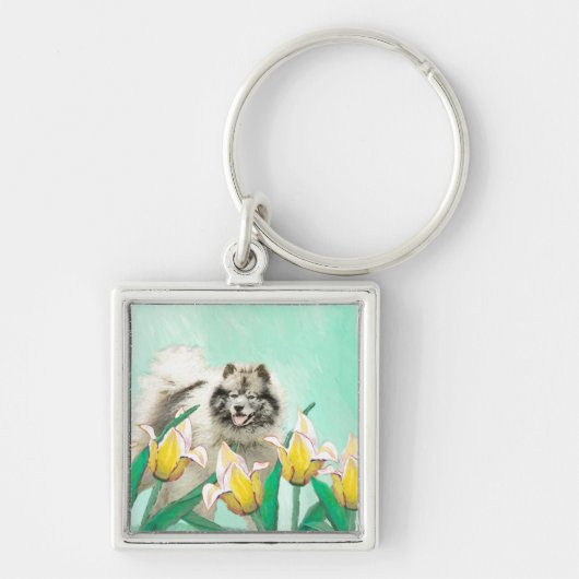 Keeshond in Tulips Malerei Niedliche Original Hund Schlüsselanhänger (Vorne)