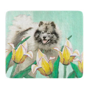 Keeshond in Tulips Malerei Niedliche Original Hund Schneidebrett