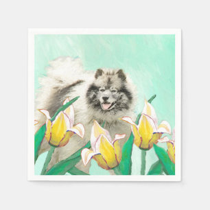 Keeshond in Tulips Malerei Niedliche Original Hund Serviette