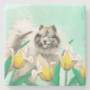 Keeshond in Tulips Malerei Niedliche Original Hund Steinuntersetzer