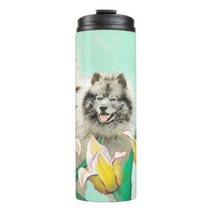 Keeshond in Tulips Malerei Niedliche Original Hund Thermosbecher