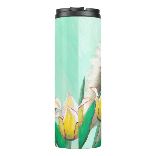 Keeshond in Tulips Malerei Niedliche Original Hund Thermosbecher (Rückseite)