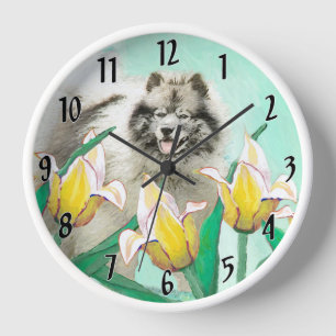 Keeshond in Tulips Malerei Niedliche Original Hund Uhr