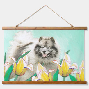 Keeshond in Tulips Malerei Niedliche Original Hund Wandteppich Mit Holzrahmen