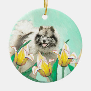 Keeshond in Tulips Painting Cute Original Dog Art Keramik Ornament