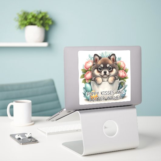 Keeshond Kisses Osterwünscht - Osteraufkleber Aufkleber (Laptop auf Schreibtisch)