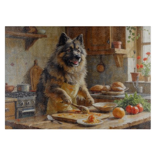 Keeshond Kochen in der Küche Schneidebrett (Vorderseite)