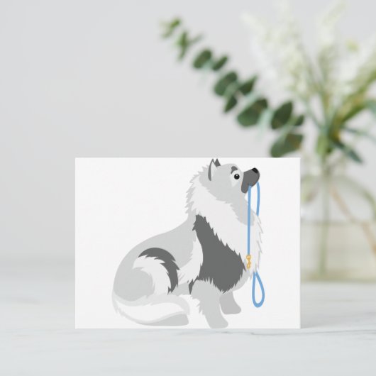 Keeshond Leash Postkarte (Stehend Vorderseite)