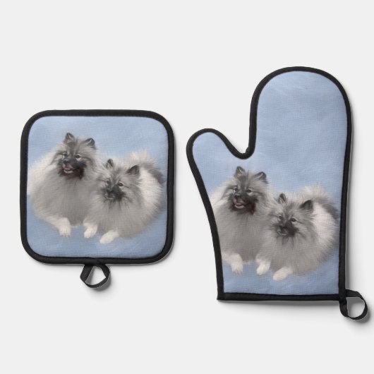 Keeshond Malen 2 Keeshonden Original Hunde Kunst Ofenhandschuh & Topflappen-Set (Vorderseite)