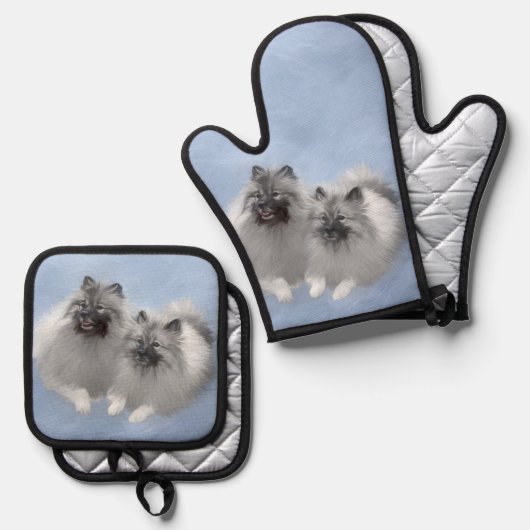 Keeshond Malen 2 Keeshonden Original Hunde Kunst Ofenhandschuh & Topflappen-Set (Vorderseite/Rückseite)