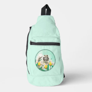 Keeshond Malerei in Tulips Niedliche Original Hund Crossbody Bag