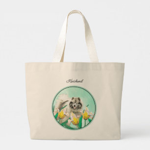 Keeshond Malerei in Tulips Niedliche Original Hund Jumbo Stoffbeutel