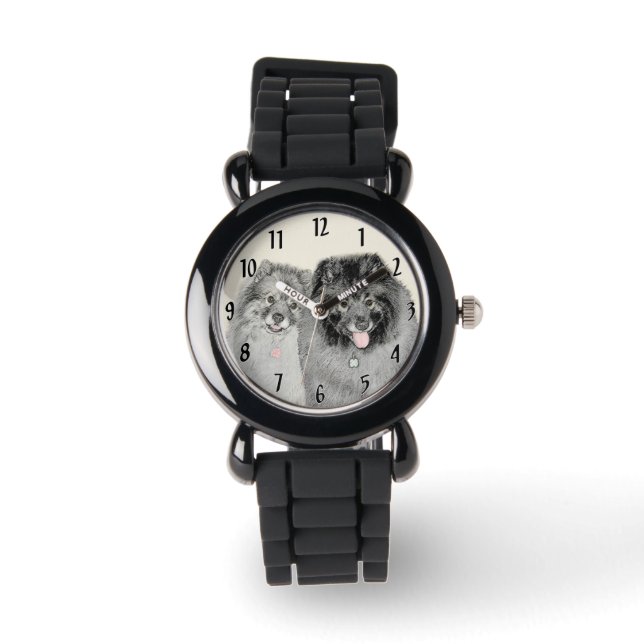 Keeshond Mama and Son Painting - Originelle Hundek Armbanduhr (Vorderseite)