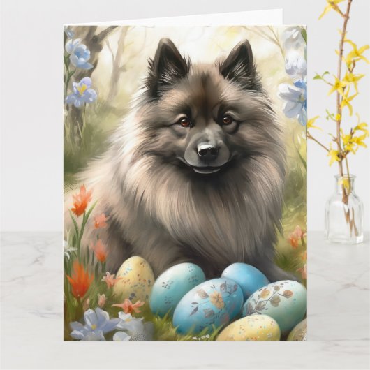 Keeshond mit Ostereiern Karte (Gelbe Blume)