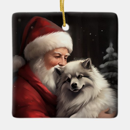 Keeshond mit Weihnachtsfeiern Keramikornament (Vorderseite)