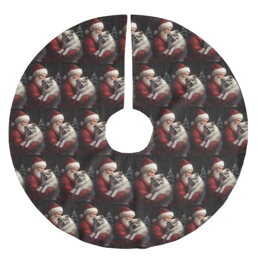 Keeshond mit Weihnachtsfeiern Polyester Weihnachtsbaumdecke (Vorderseite)