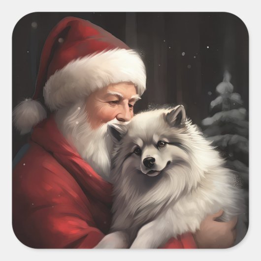 Keeshond mit Weihnachtsfeiern Quadratischer Aufkleber (Vorderseite)
