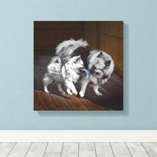 Keeshond Playtime Malerei - Niedliche Original Dog Leinwanddruck (Insitu (Holzboden))