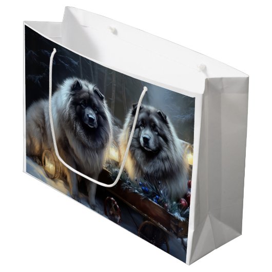 Keeshond Snowy Sleigh Weihnachtsdekor Große Geschenktüte (Vorderseite Schrägansicht)