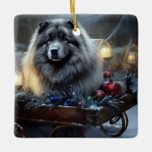Keeshond Snowy Sleigh Weihnachtsdekor Keramikornament (Vorderseite)