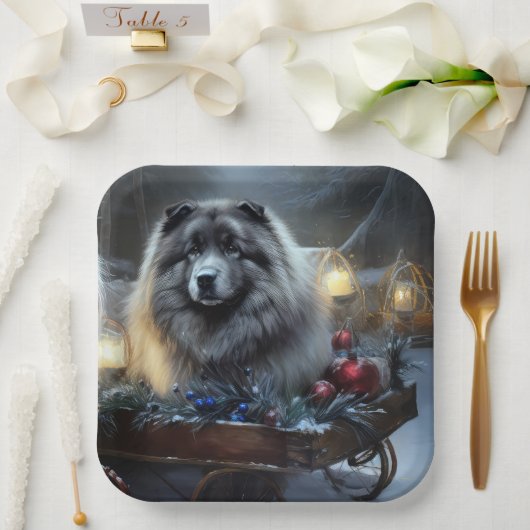 Keeshond Snowy Sleigh Weihnachtsdekor Pappteller (Hochzeit)