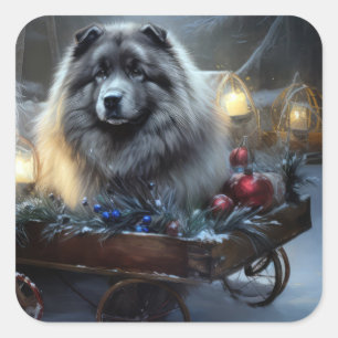 Keeshond Snowy Sleigh Weihnachtsdekor Quadratischer Aufkleber