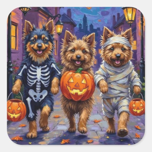 Keeshond Trick-or-Treating in Halloween-Kostümen Quadratischer Aufkleber (Vorderseite)