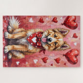 Keeshond Valentinstag Hund sitzt mit Herzen Rot Puzzle (Horizontal)