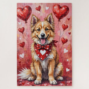 Keeshond Valentinstag Hund sitzt mit Herzen Rot Puzzle