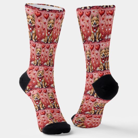 Keeshond Valentinstag Hund sitzt mit Herzen Rot Socken (Gewinkelt)
